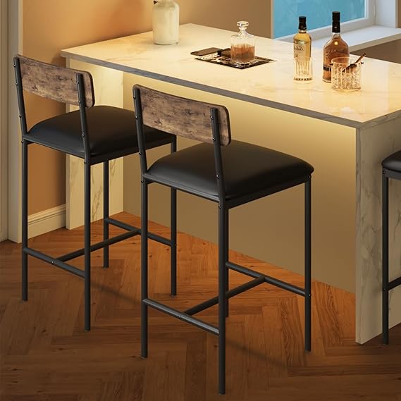 Black & Wood Bar Stools Set of 2 Pieces, Upholstered Bar Chairs with Back, 25.5 Inches Kitchen Bar Stools with Footrest