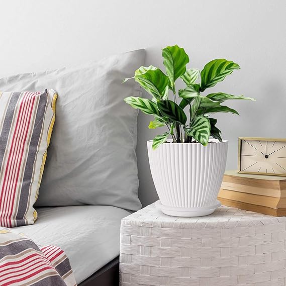 Grooved Plastic Round Flower Pots for Home Planters, Terrace, Garden Etc | Pack of 05 | White | Suitable for Home Indoor & Outdoor Gardening Plants