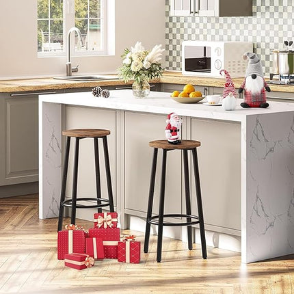 Boroque Set of 2 Bar Chairs, Kitchen Round Height Stools with Footrest, Breakfast Bar Stools, Sturdy Steel Frame, for Dining Room, Kitchen, Party, Easy Assembly, Rustic Brown